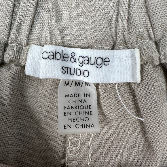 Cable & Gauge Pant Studio Wide Leg WMNS M Tan Linen Blend Elastic Waist Slit Hem - Picture 6 of 14